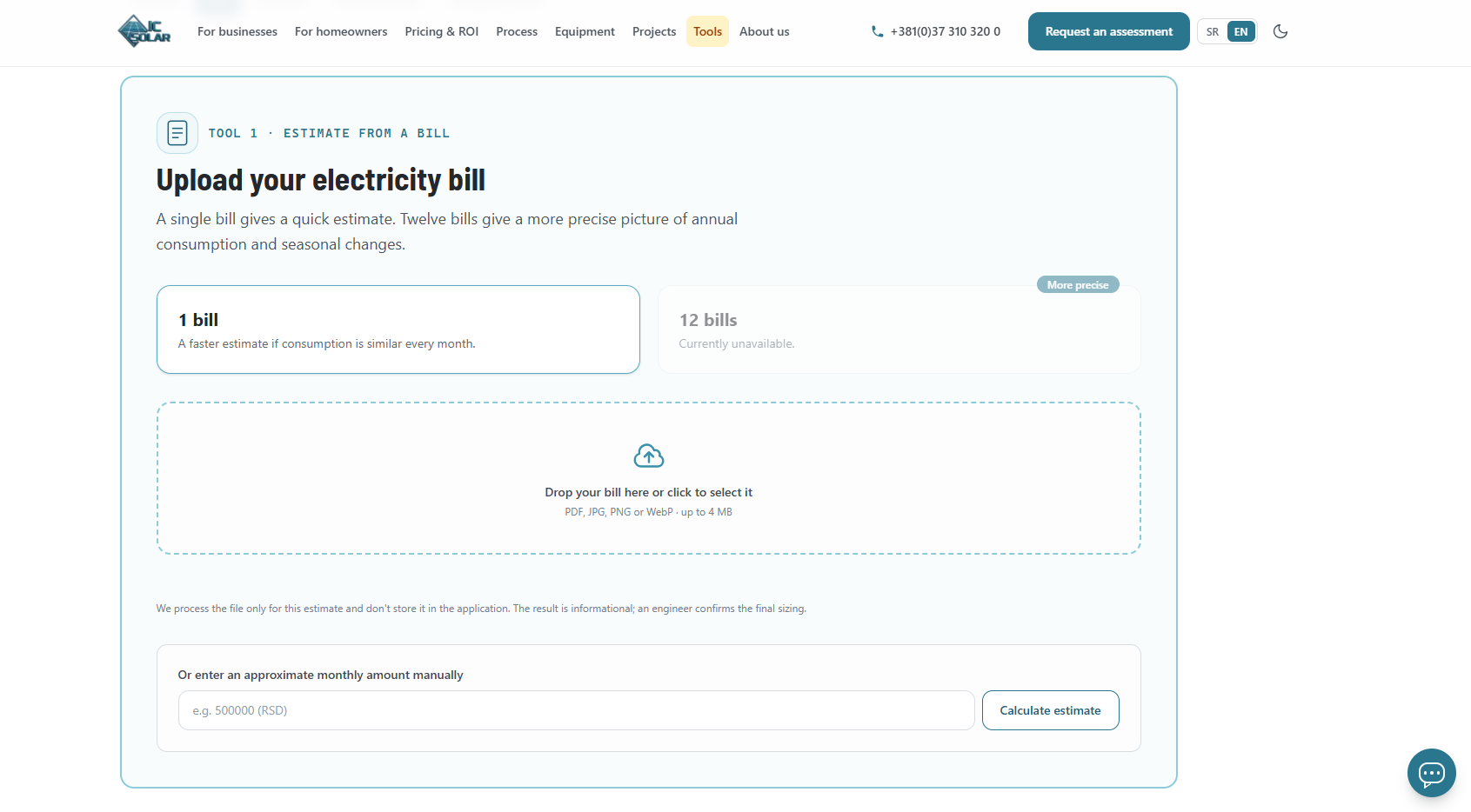 Bill analysis tool: upload a single electricity bill or enter a monthly amount for an indicative estimate.